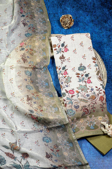 Purely Linen Rich Embroidered Thistle Green Unstitched Suit Set Geetha Creation